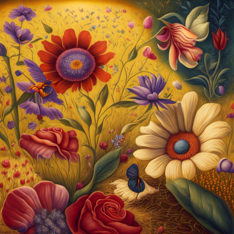 Colorful flower painting with butterfly in fantastical garden