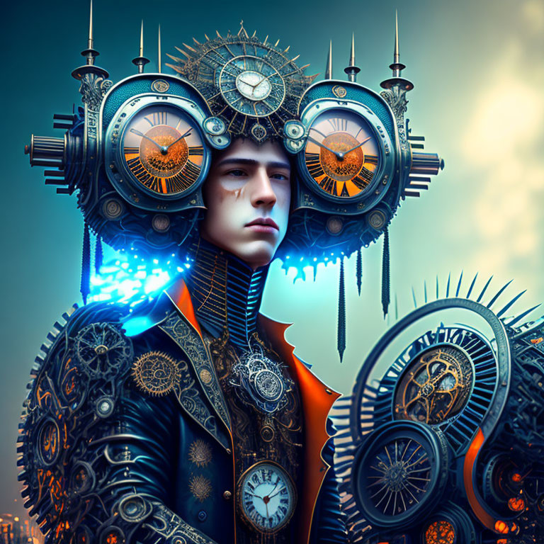 Futuristic steampunk headdress with gears and clocks on blue backdrop