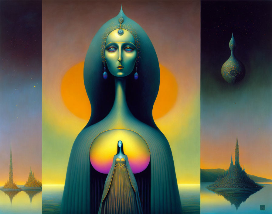 Triptych of surreal paintings with cosmic central figure and spire-like scenes