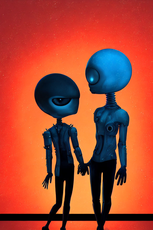 Stylized alien figures holding hands on starry backdrop