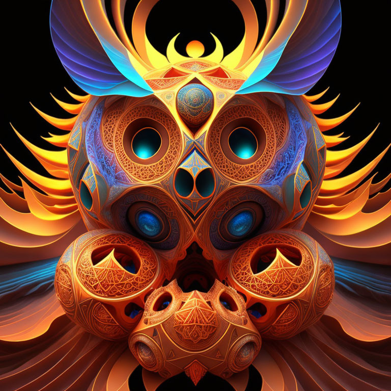 Symmetrical digital artwork with fiery hues and intricate mask-like patterns