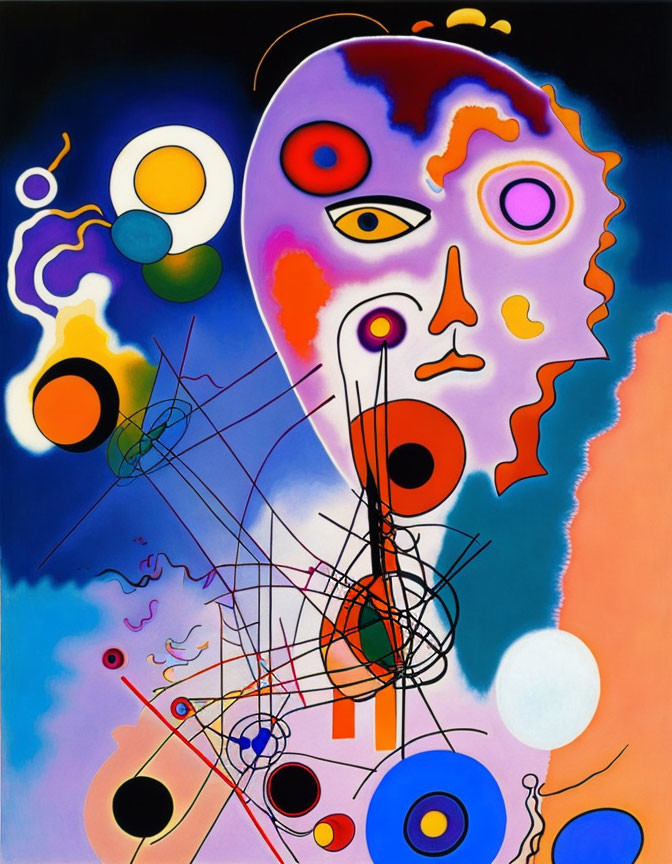 Colorful Abstract Painting: Face Outline, Cosmic Elements, Geometric Shapes