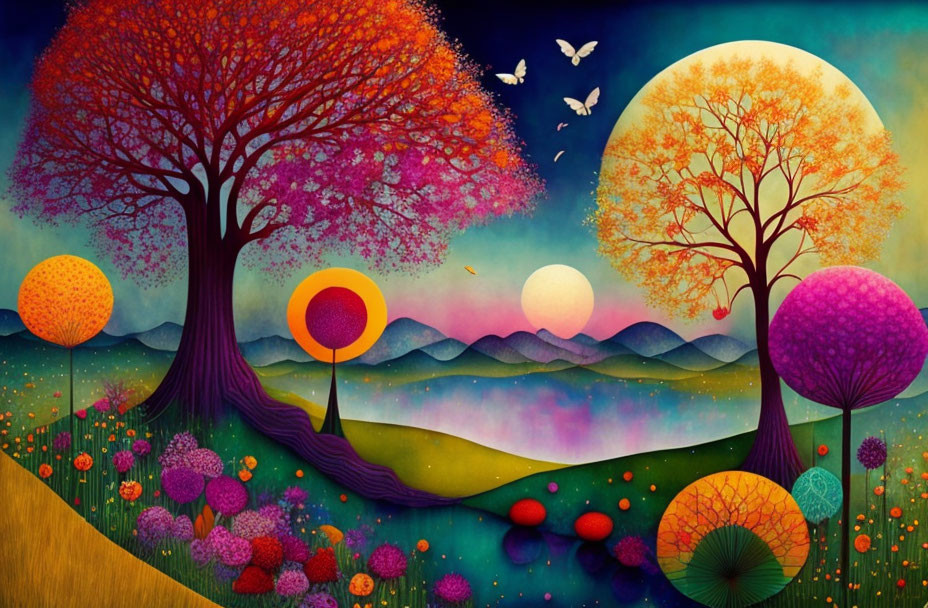 Colorful landscape with whimsical trees, butterflies, and double moons