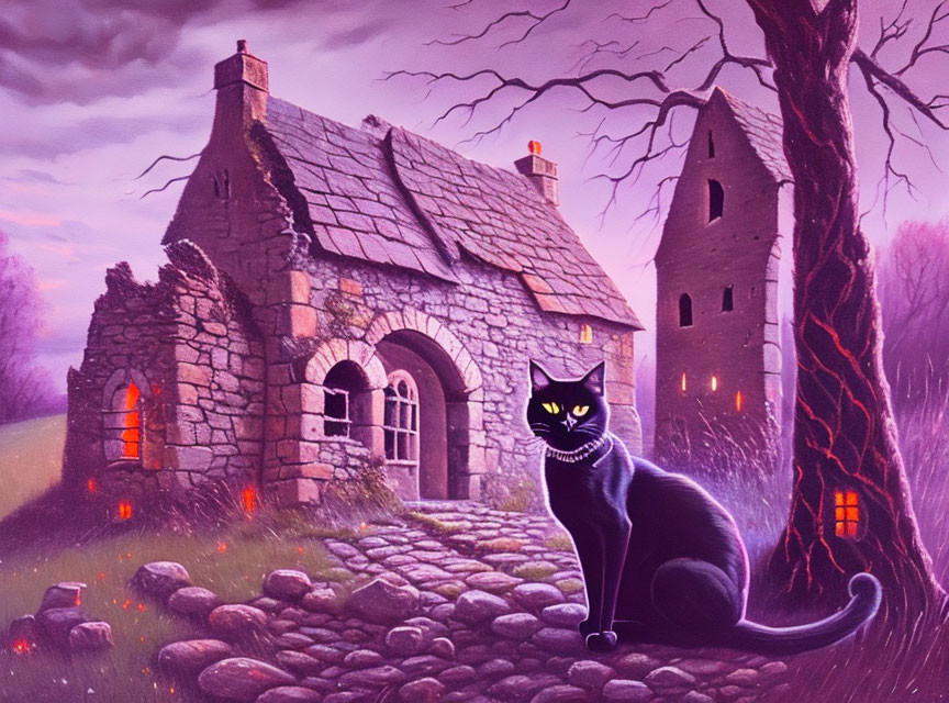 Black Cat with Yellow Eyes in Front of Stone Cottage at Twilight