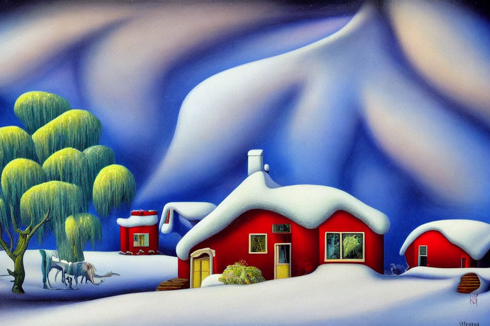 Snow-covered red houses painting with blue hills and green trees