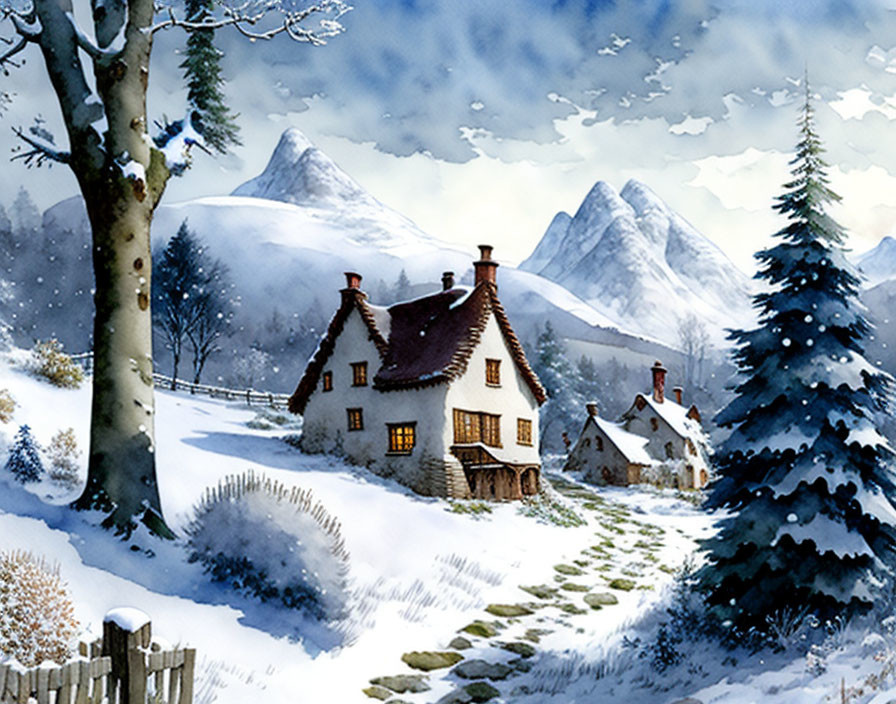 Winter scene with cottages, pine tree, and mountains in snowy landscape