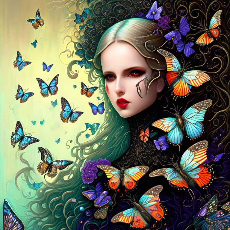 Fantasy illustration: Pale woman with green hair and butterflies on soft background