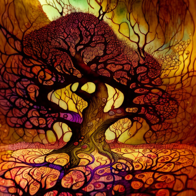 Surreal tree illustration with vein-like branches on warm gradient background