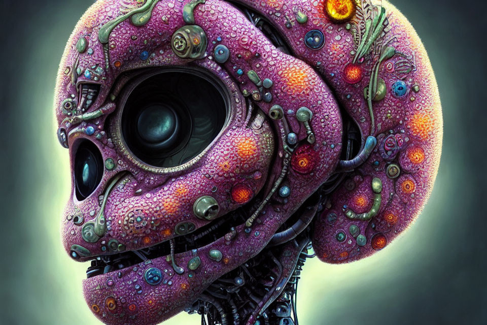 Detailed surreal illustration of a pink robot with octopus-like features