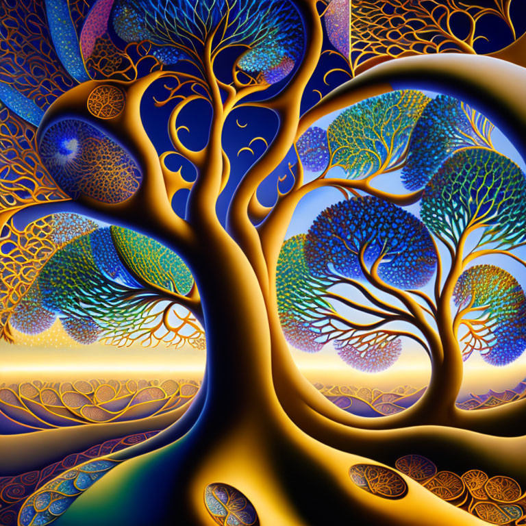 Colorful digital artwork: Stylized trees with intricate patterns on luminous background.