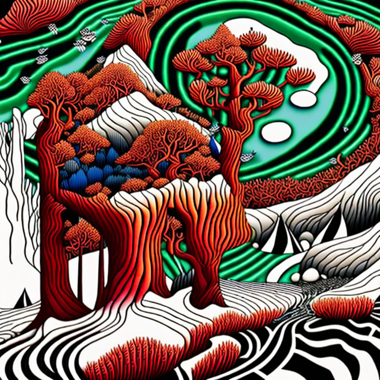 Colorful psychedelic illustration with red and blue trees on striped terrain and green patterns