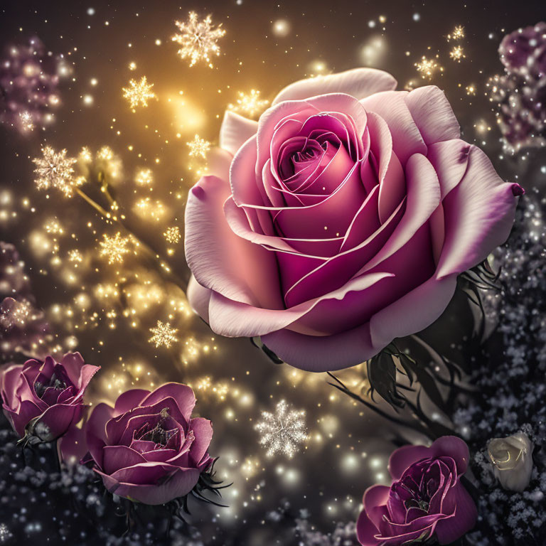 Surreal pink roses, snowflakes, and stars on dark background