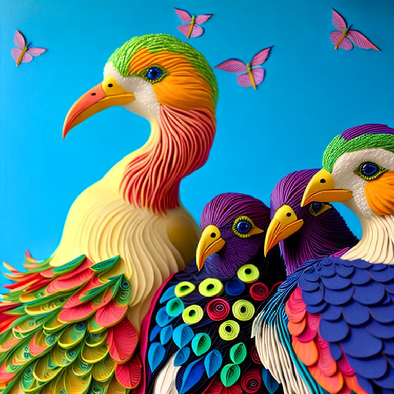 Vibrant paper art of three stylized birds with intricate feathers on blue background