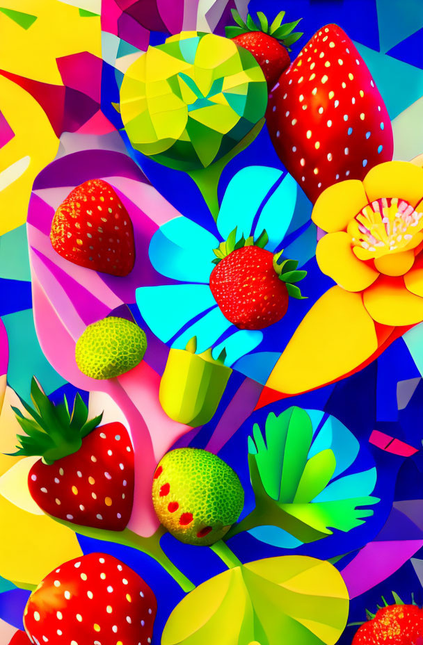 Colorful abstract mosaic background with 3D strawberries and flowers