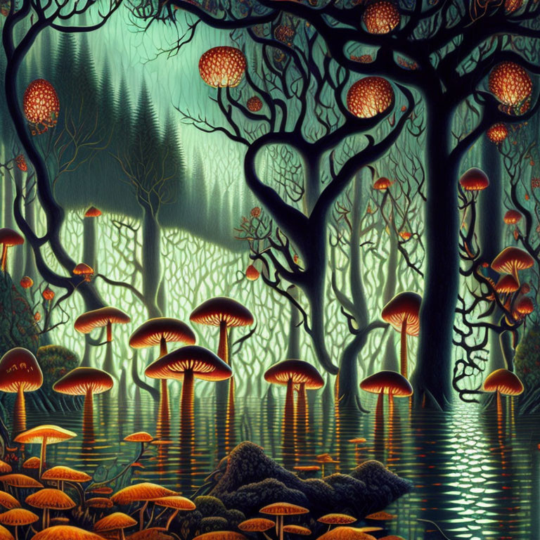 Enchanted forest with glowing mushrooms and red fruit trees by calm water