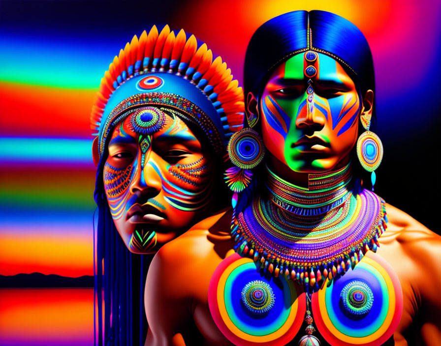 Colorful digital art featuring two individuals with indigenous-inspired body paint and jewelry on a vibrant striped backdrop