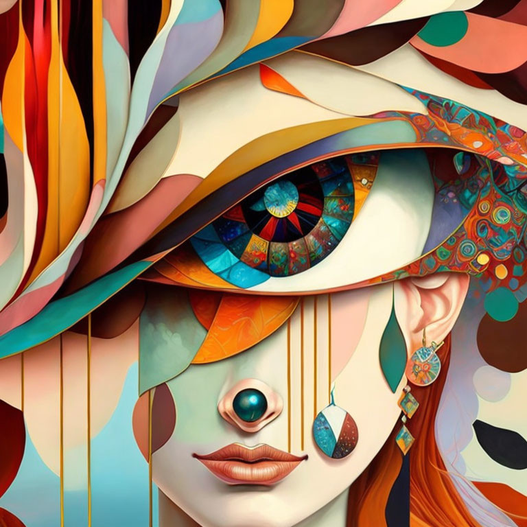 Abstract woman's face illustration with vibrant colors and intricate patterns