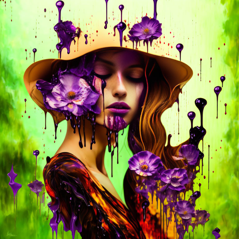 Surreal portrait of a woman with melting flowers on vibrant purple drips