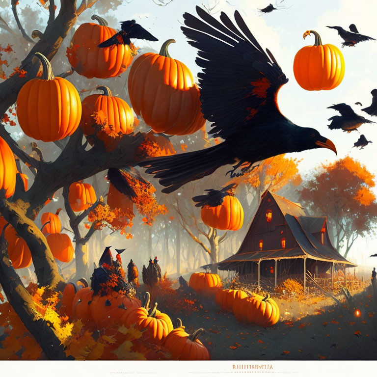 Autumn Scene with Pumpkins, Crows, House, and Orange Trees