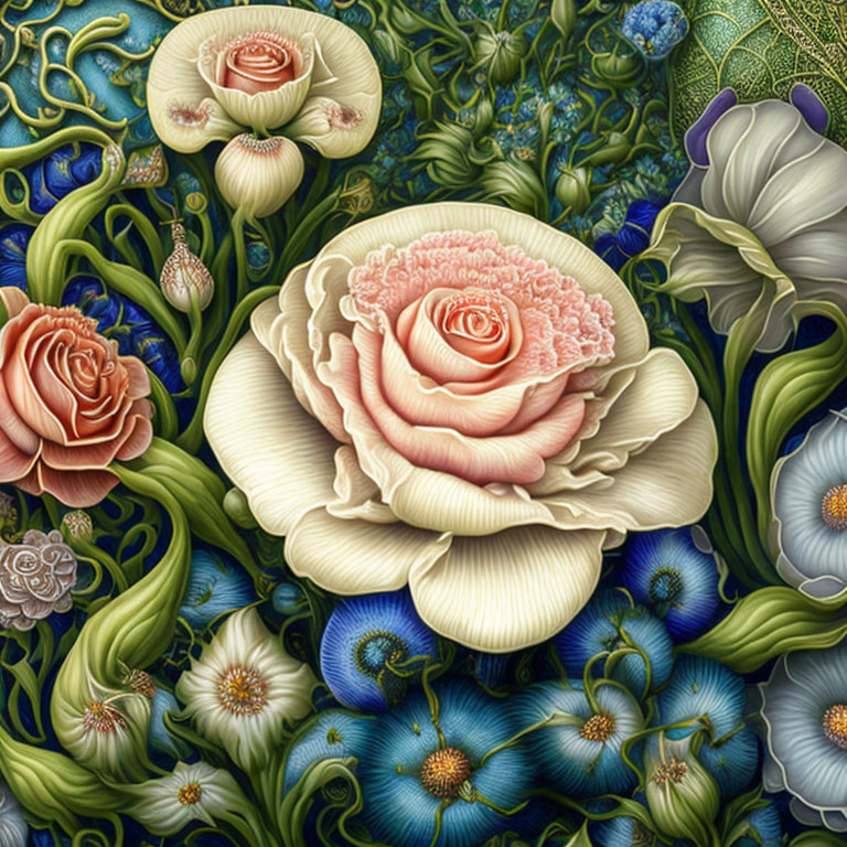 Colorful Floral Painting with Roses and Textured Details