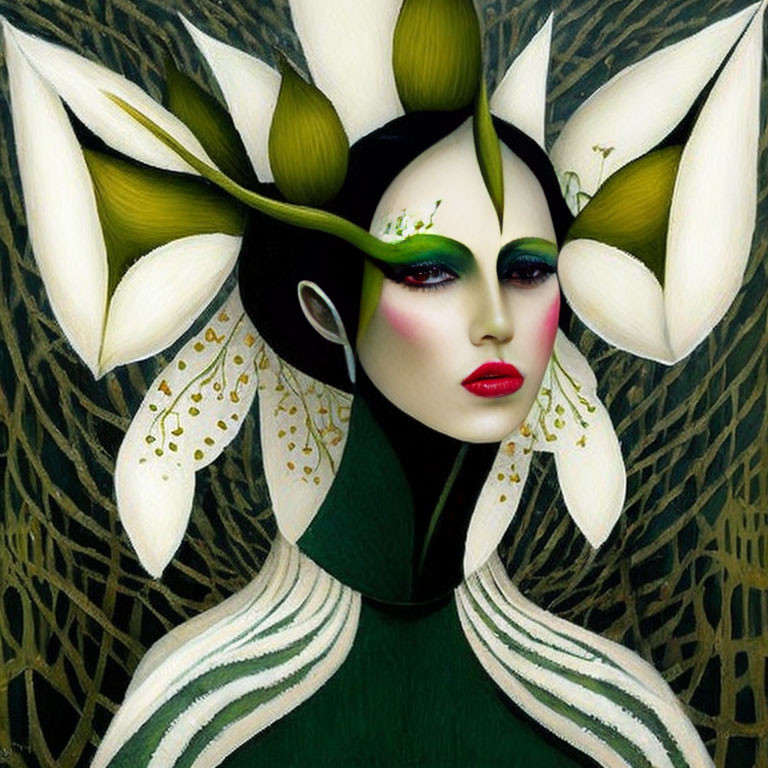 Person with white petal-like adornments, green eyeshadow, red lips, and green outfit