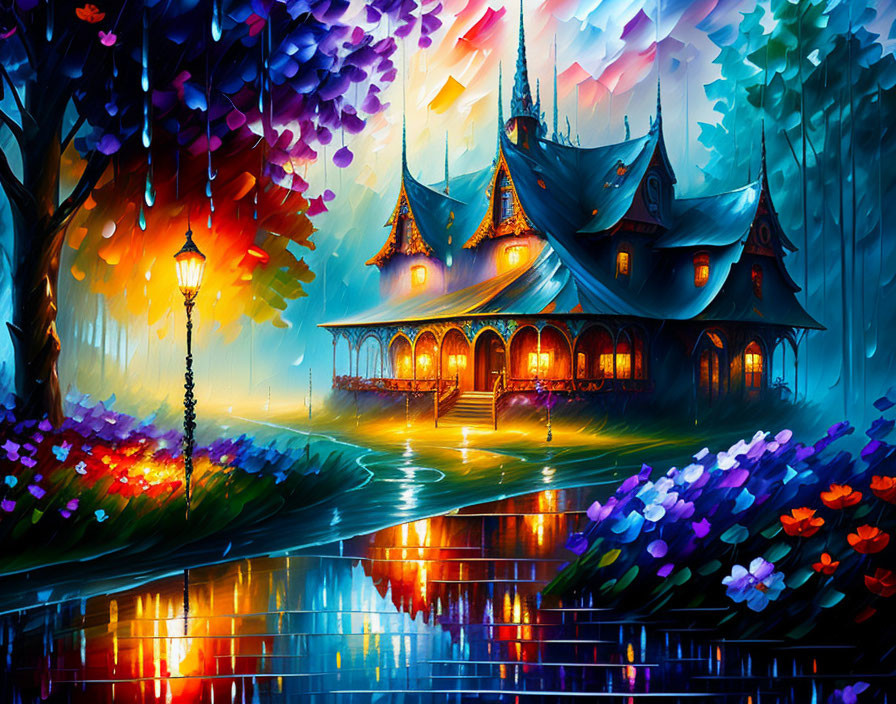 Colorful Whimsical House Painting with Glowing Windows and Flowers