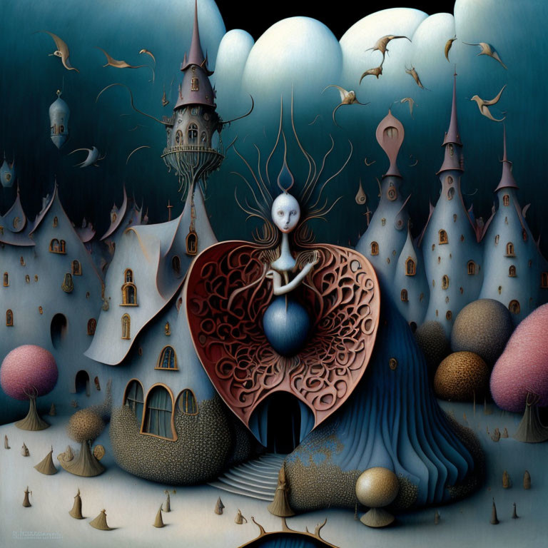 Surreal artwork: pale humanoid with elongated head holding heart in whimsical fantasy landscape