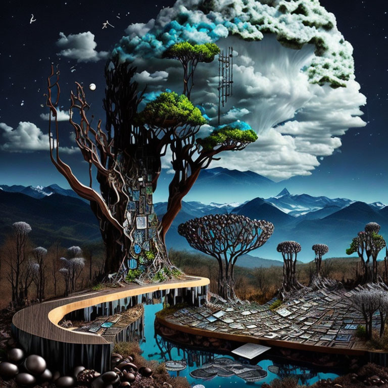 Surreal landscape with integrated technology, unique trees, water pathway, mountains, night sky.