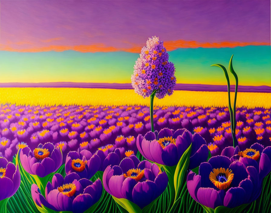 Vibrant painting of blooming tree in purple tulip field under sunset sky