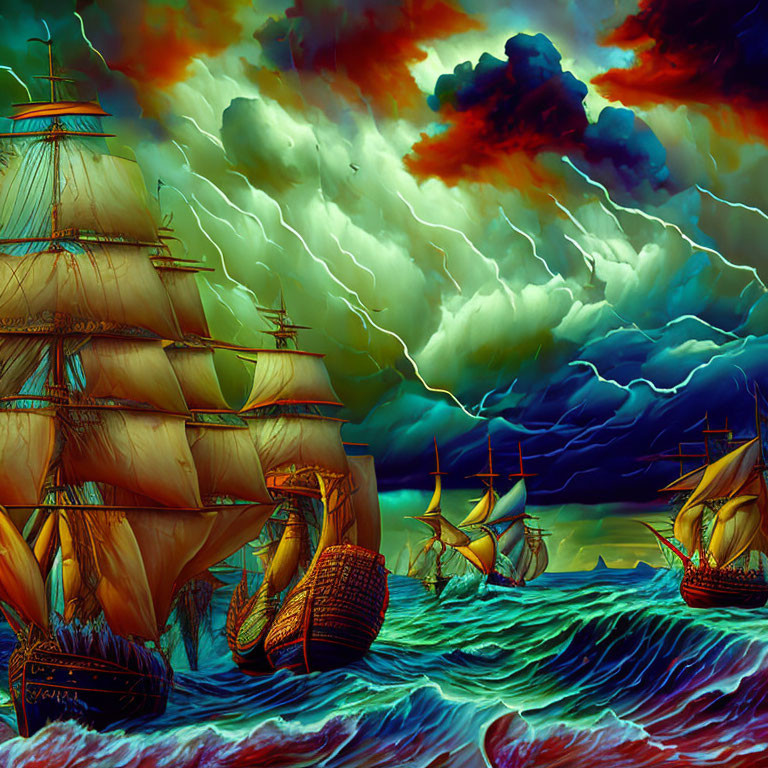 Dramatic seascape with sailing ships in fiery storm