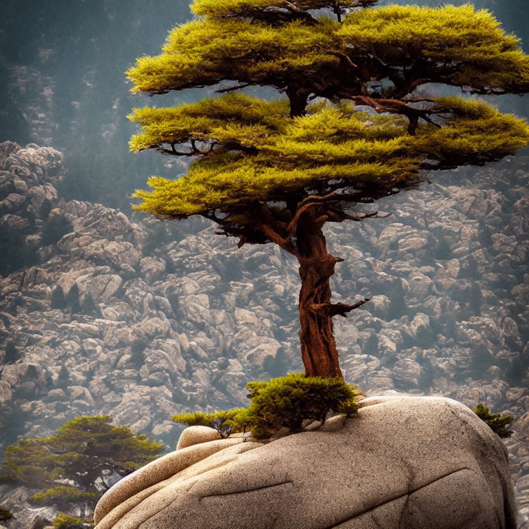 Solitary tree with golden-green leaves on rounded boulder against rugged mountains