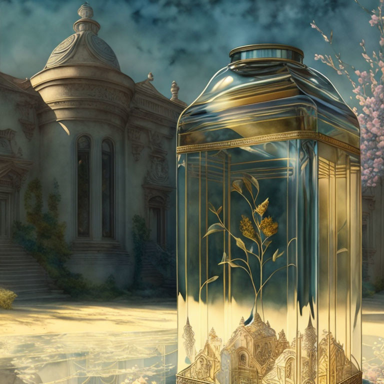 Glass jar with golden details showcasing miniature landscape and cherry trees.