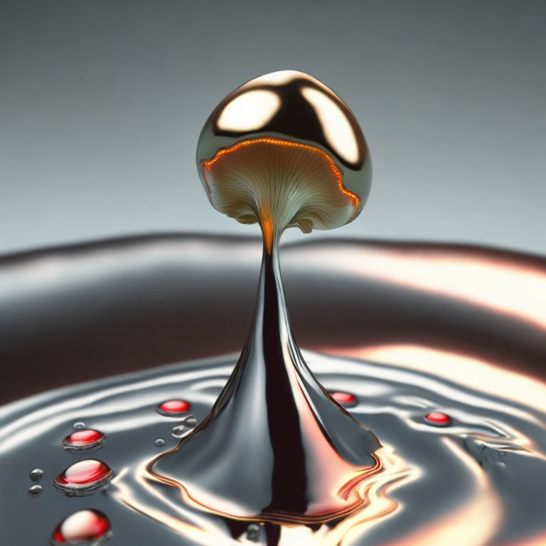 Water droplet collision creating mushroom shape with warm colors.