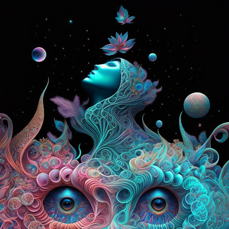 Blue-skinned woman in surreal portrait with floral patterns, planets, and eyes on starry backdrop