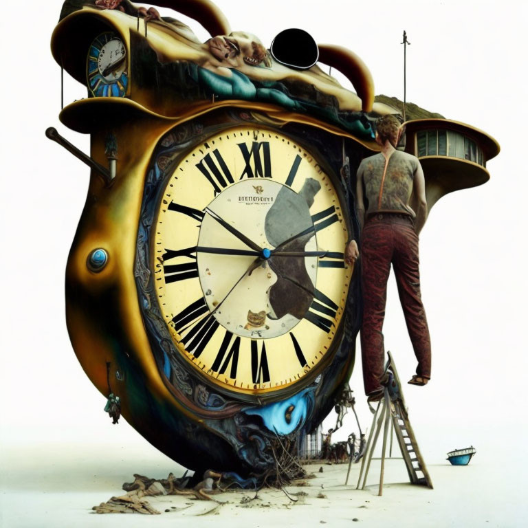 Surreal melted clock with objects and person on ladder in dream-like scene