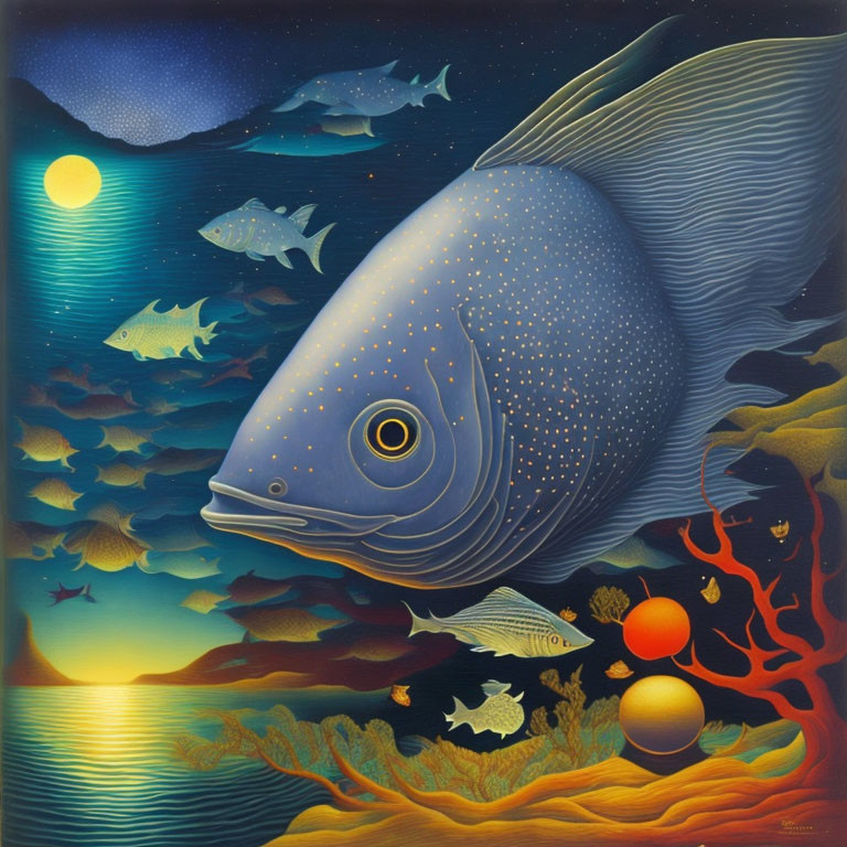 Surreal painting: Giant fish in vibrant underwater scene