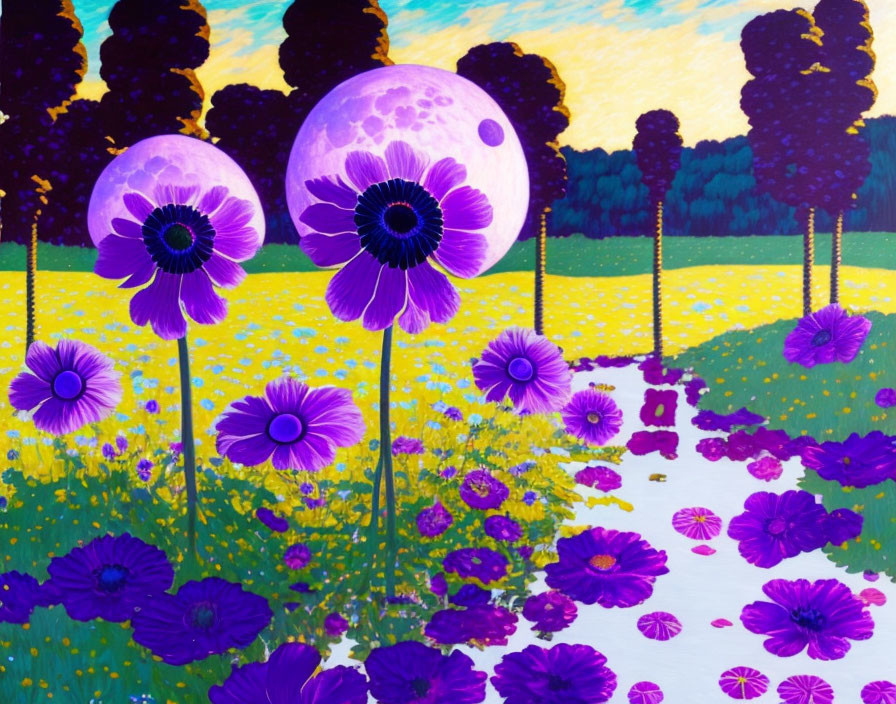 Colorful painting of oversized purple flowers in a meadow under a pinkish-purple moon.