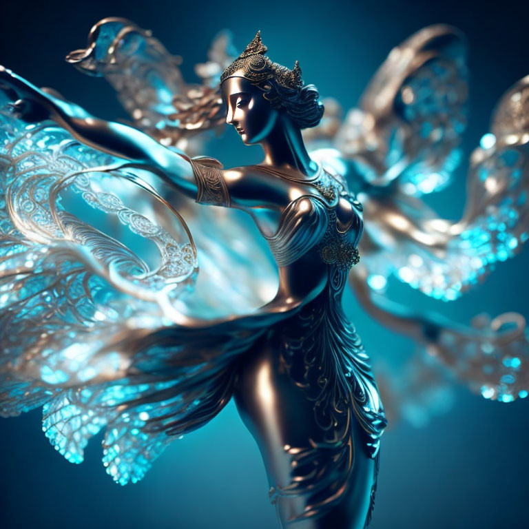 Ethereal female figure with wings and crown on blue background