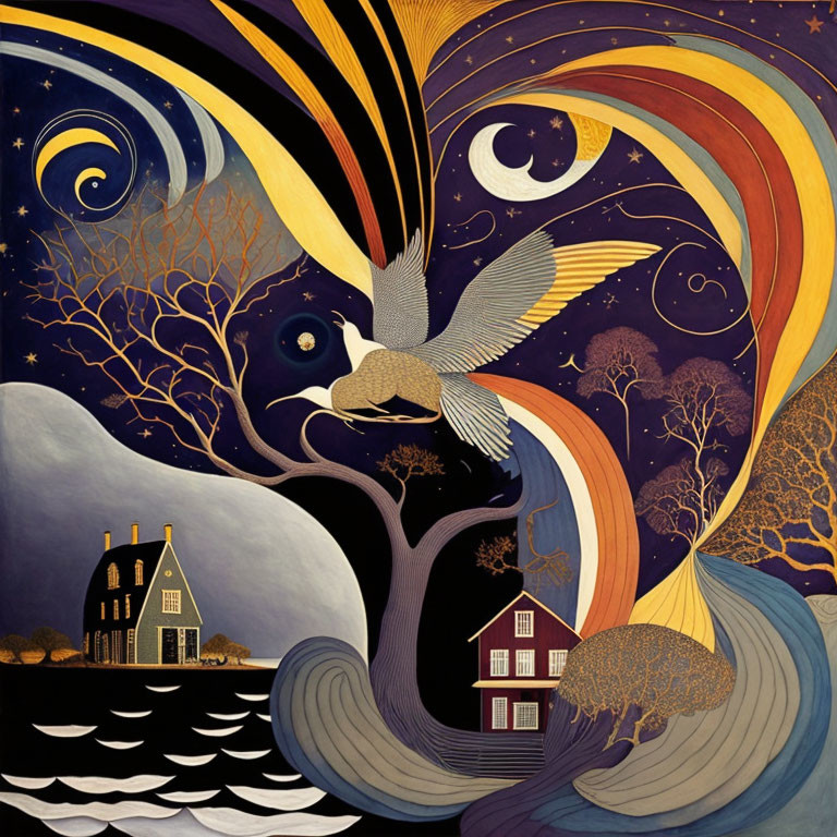 Colorful whimsical illustration: house on waves, tree with eyes, bird with branch in starry