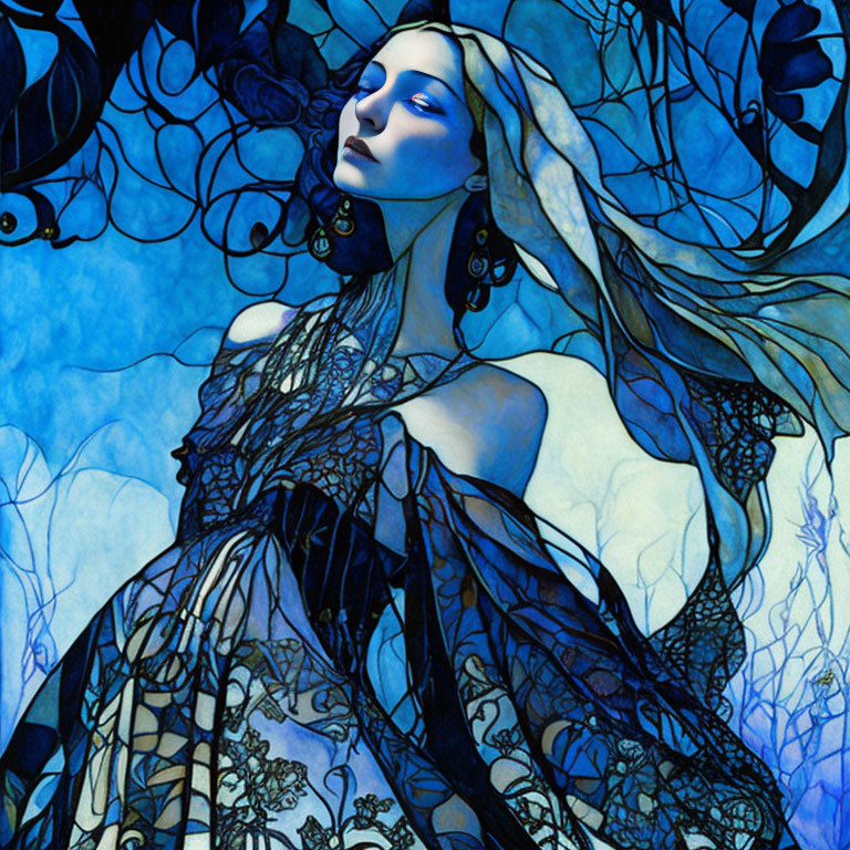 Illustration of pale-skinned woman in black lace attire on blue background