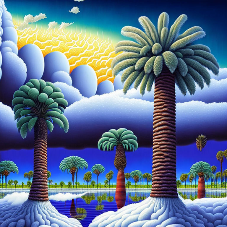 Colorful surreal illustration: Exaggerated palm trees, cloudy towers, bright sun, celestial motifs