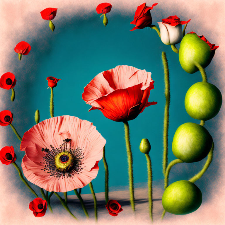 Colorful digital artwork featuring poppies, buds, and green spheres on textured turquoise background