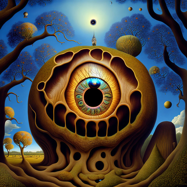 Surreal landscape featuring skull-shaped tree and celestial elements