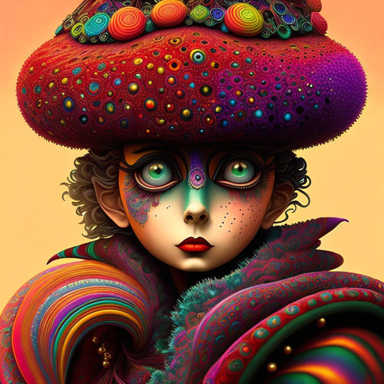 Colorful portrait with large eyes, curly hair, and intricate hat