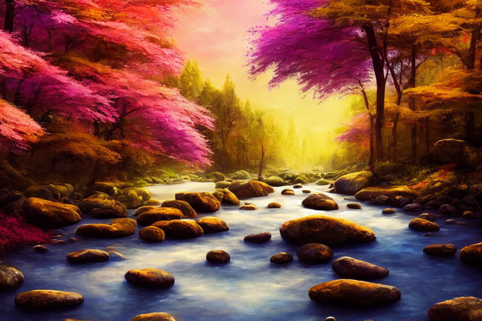 Tranquil river in vibrant autumn forest scene