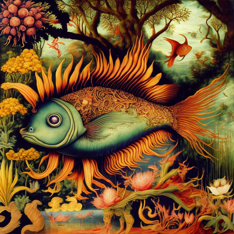 Colorful underwater painting: Large ornate fish among intricate patterns and flora.