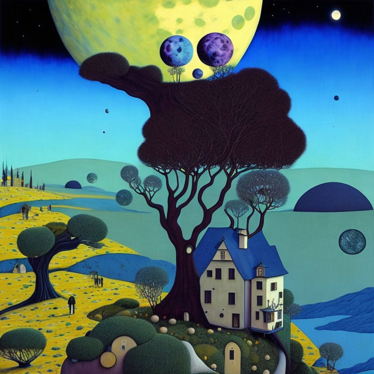 Surrealist landscape with oversized moons, whimsical trees, and rolling hills