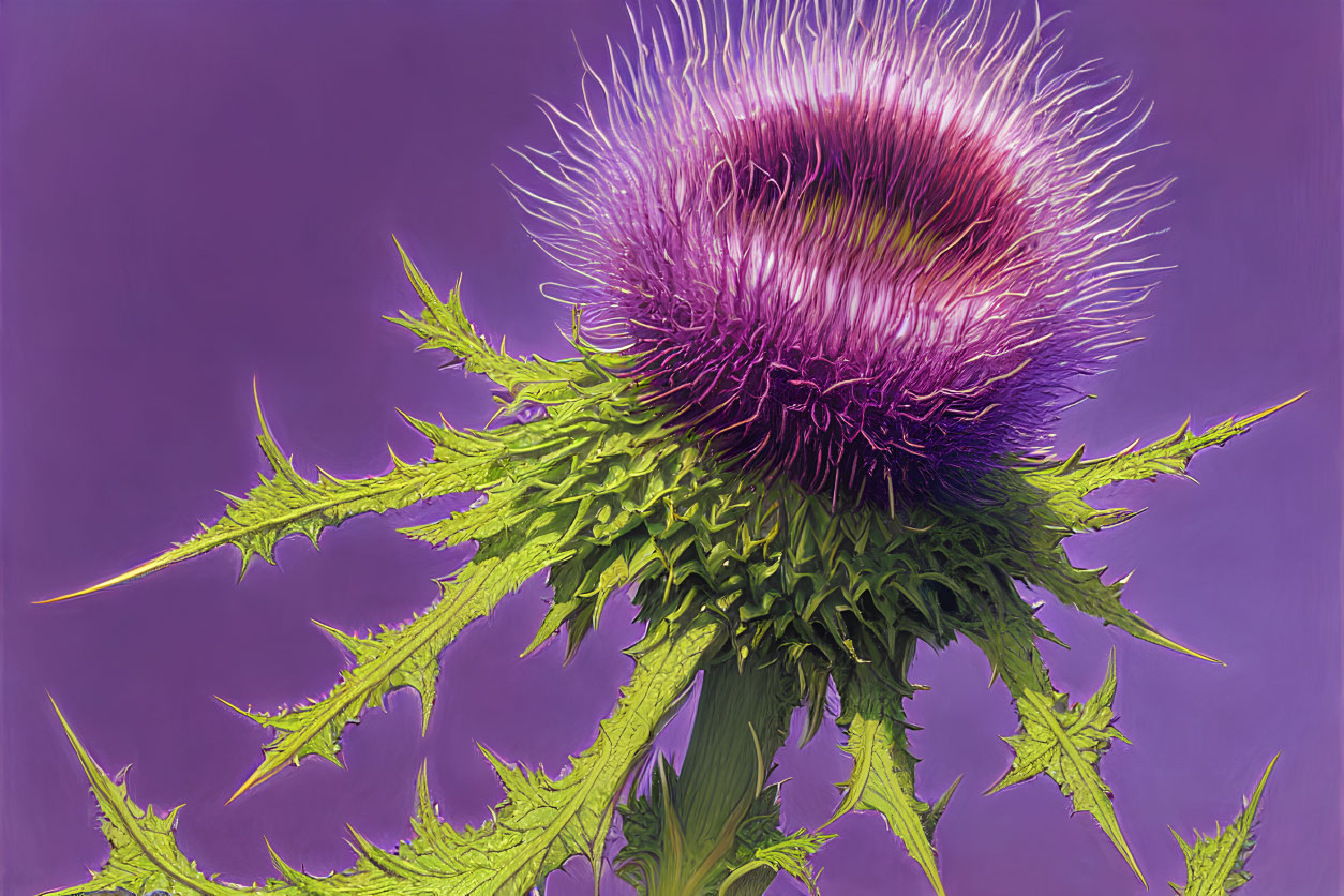 Vivid purple thistle plant with spiky green stem and leaves