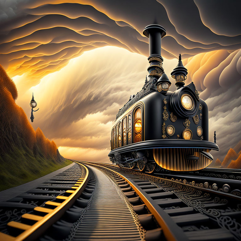 Steampunk train on tracks under dramatic sunset