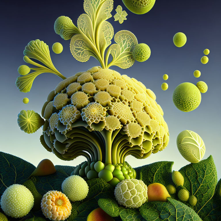 Surreal artwork of tree with broccoli-like trunk and ornate leaf structures surrounded by green patterns